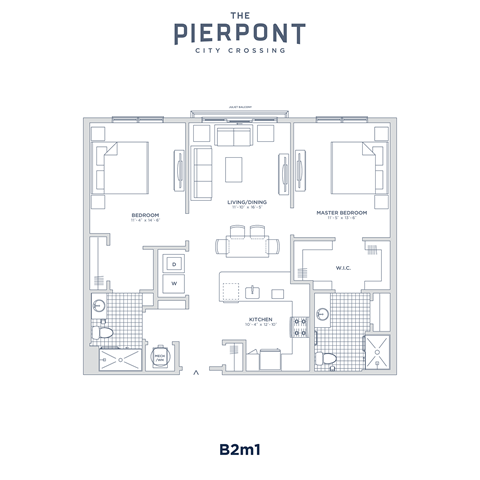 Floor plan for 2 beds, 2 baths, 1077 sqft